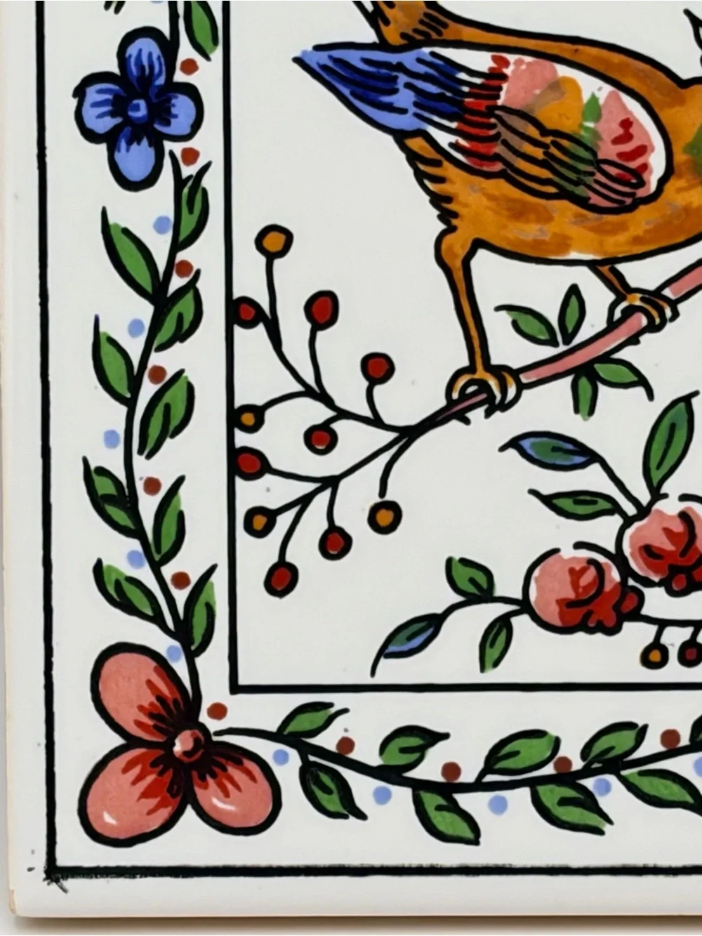 Decorative Ceramic Hand Painted Birds Miniature Tile Portugal Cork on Back